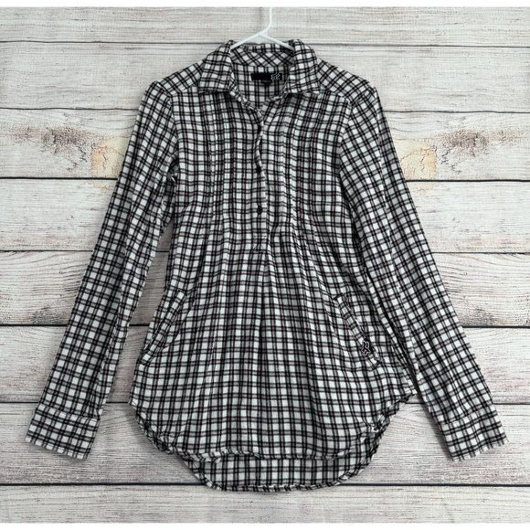 Fox Racing 1/2 Button Flannel Tunic Shirt Women's Size S‎ White/Black/Pink Plaid - Picture 1 of 11